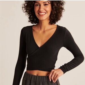 Abercrombie & Fitch Black Ribbed Soft Crossover Faux Wrap Long Sleeve Top- M